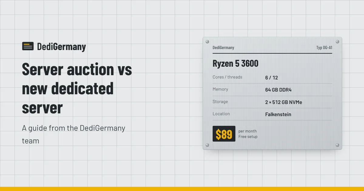 Rating plate graphic for the Ryzen 5 3600 server beside the title Server auction vs new dedicated server