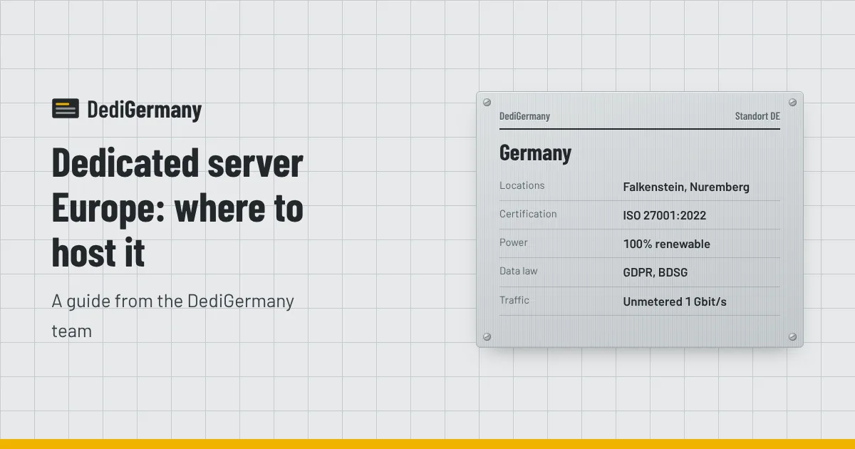 Plate listing German datacenter facts beside the title Dedicated server Europe: where to host it