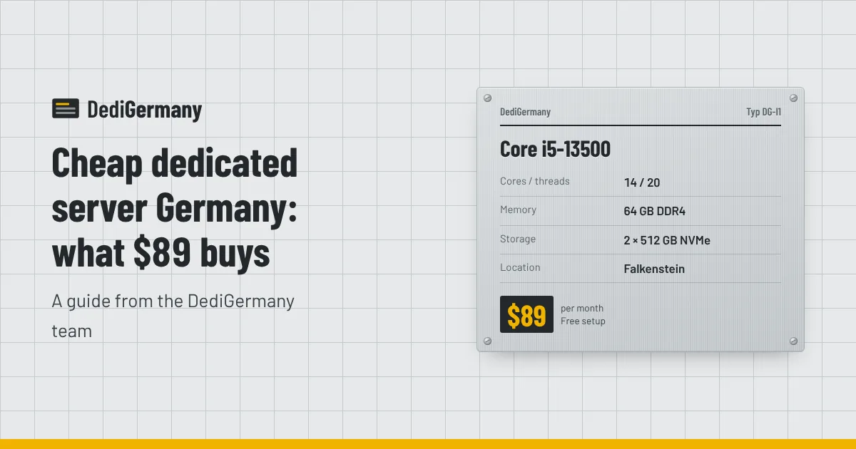 Rating plate graphic for the Core i5-13500 server beside the title Cheap dedicated server Germany: what $89 buys