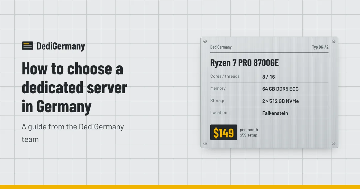 Rating plate graphic for the Ryzen 7 PRO 8700GE server beside the title How to choose a dedicated server in Germany