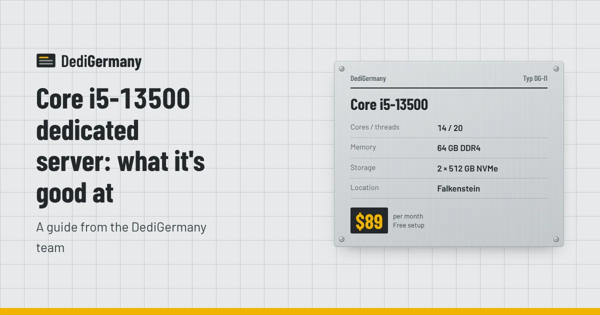 Rating plate graphic for the Core i5-13500 server beside the title Core i5-13500 dedicated server: what it's good at