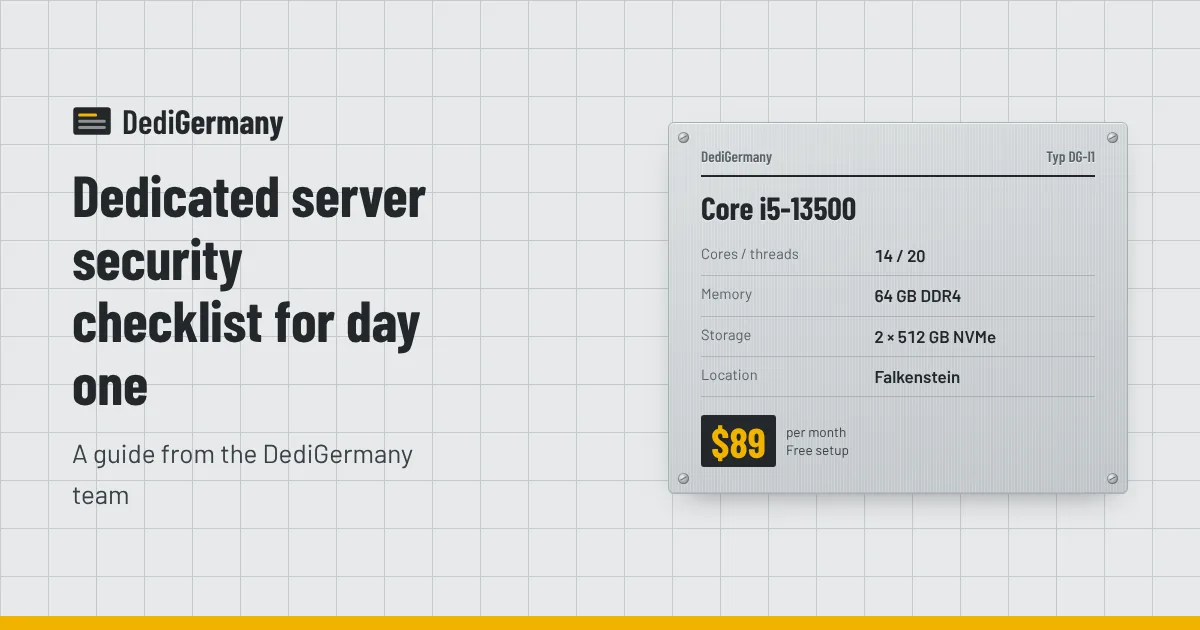 Rating plate graphic for the Core i5-13500 server beside the title Dedicated server security checklist for day one