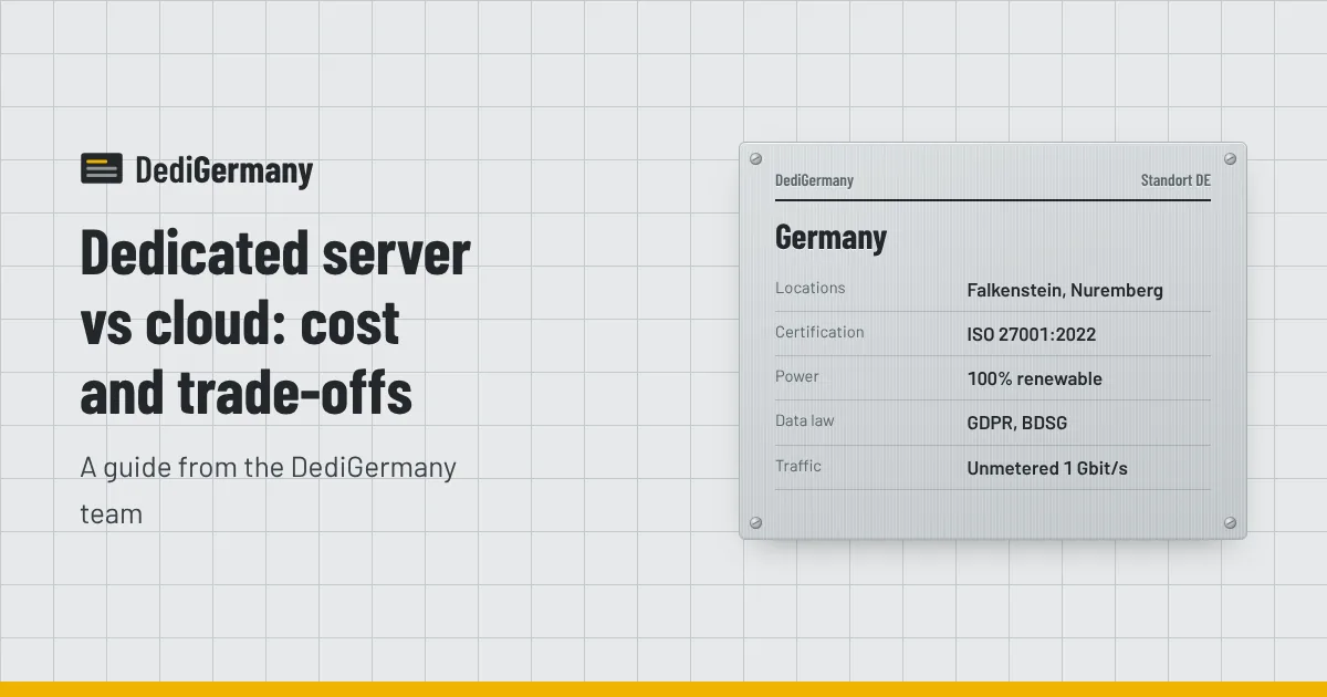 Plate listing German datacenter facts beside the title Dedicated server vs cloud: cost and trade-offs