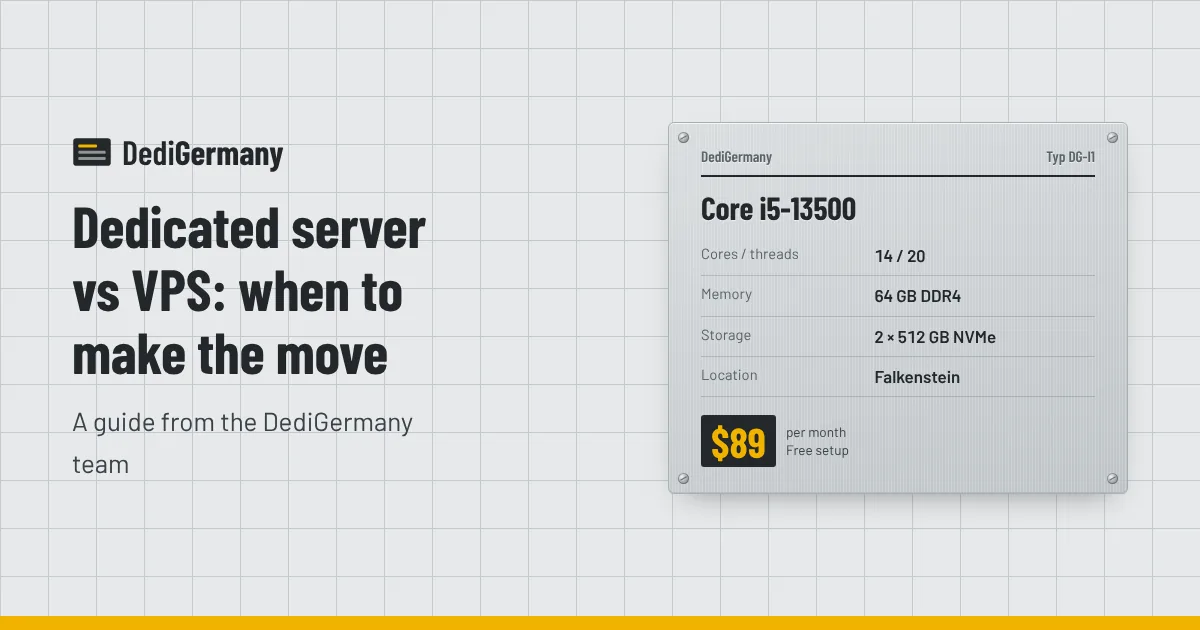 Rating plate graphic for the Core i5-13500 server beside the title Dedicated server vs VPS: when to make the move