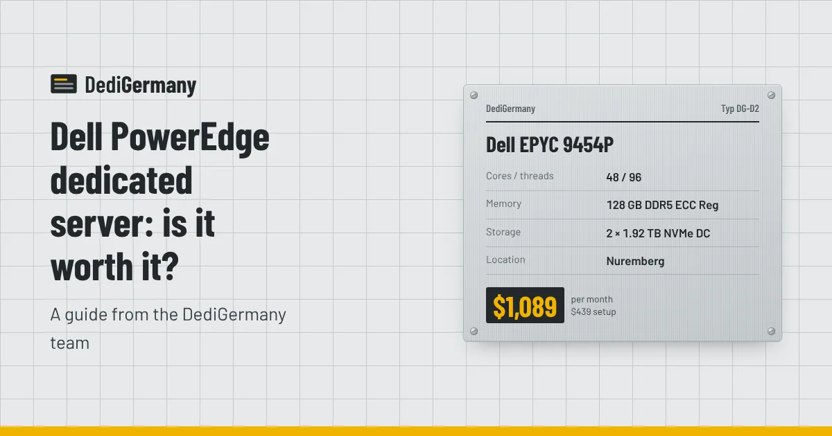 Rating plate graphic for the Dell EPYC 9454P server beside the title Dell PowerEdge dedicated server: is it worth it?