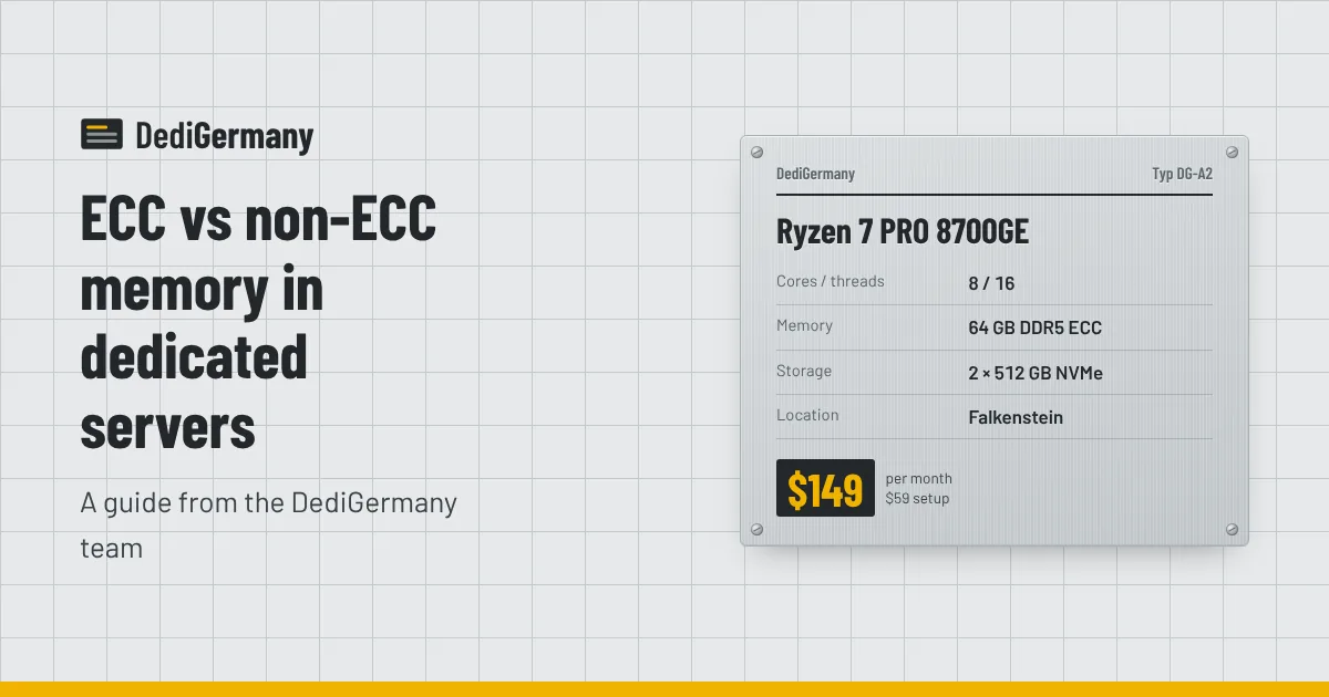 Rating plate graphic for the Ryzen 7 PRO 8700GE server beside the title ECC vs non-ECC memory in dedicated servers