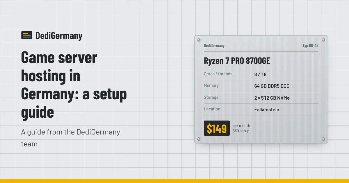 Rating plate graphic for the Ryzen 7 PRO 8700GE server beside the title Game server hosting in Germany: a setup guide