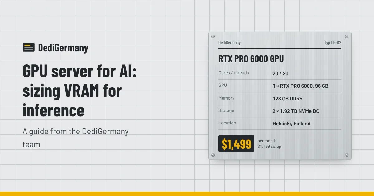 Rating plate graphic for the RTX PRO 6000 GPU server beside the title GPU server for AI: sizing VRAM for inference