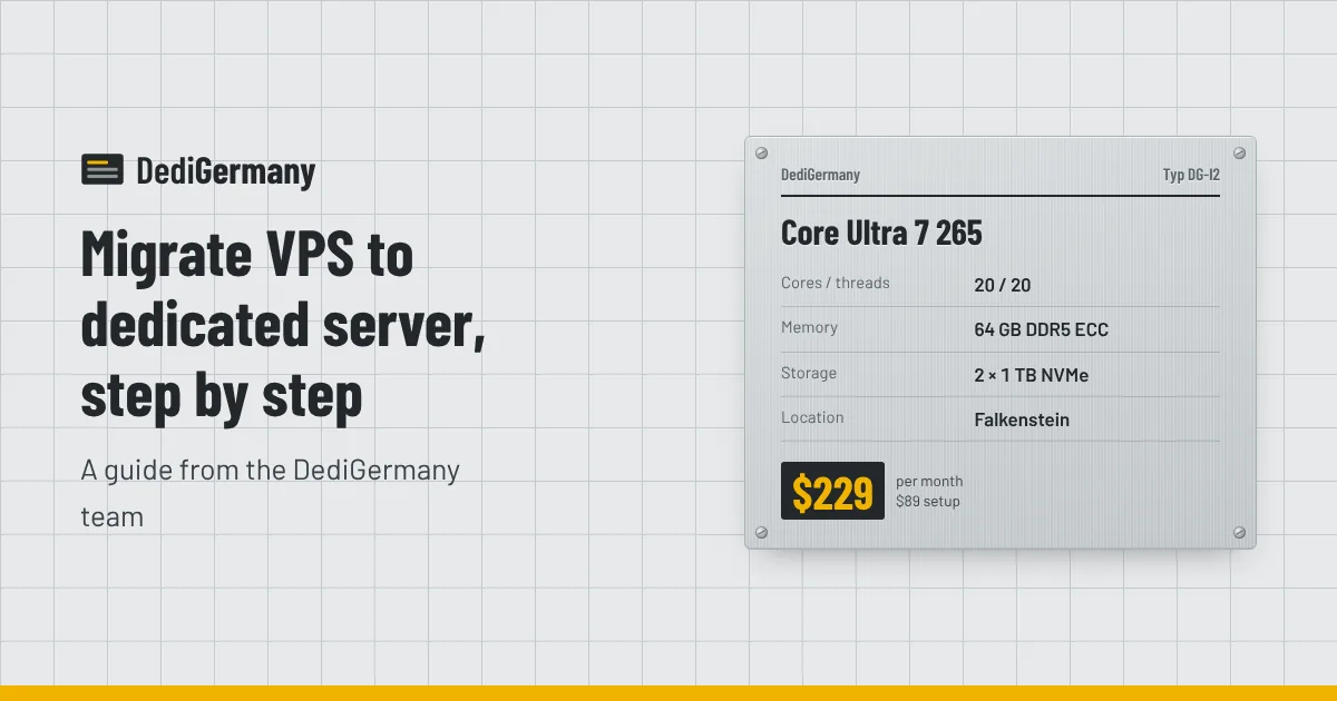 Rating plate graphic for the Core Ultra 7 265 server beside the title Migrate VPS to dedicated server, step by step