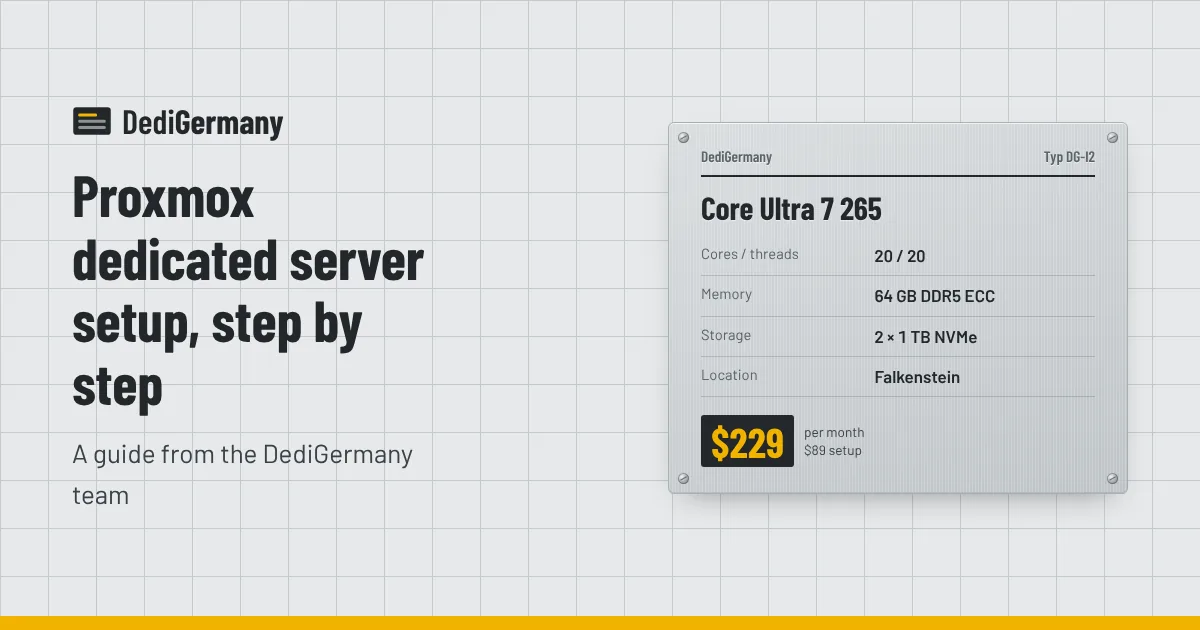 Rating plate graphic for the Core Ultra 7 265 server beside the title Proxmox dedicated server setup, step by step