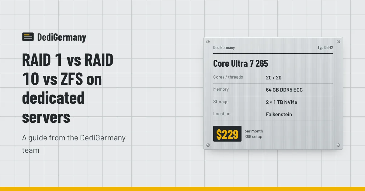 Rating plate graphic for the Core Ultra 7 265 server beside the title RAID 1 vs RAID 10 vs ZFS on dedicated servers