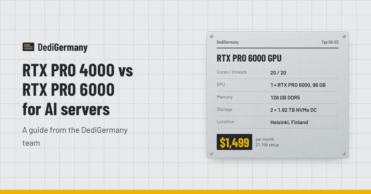 Rating plate graphic for the RTX PRO 6000 GPU server beside the title RTX PRO 4000 vs RTX PRO 6000 for AI servers