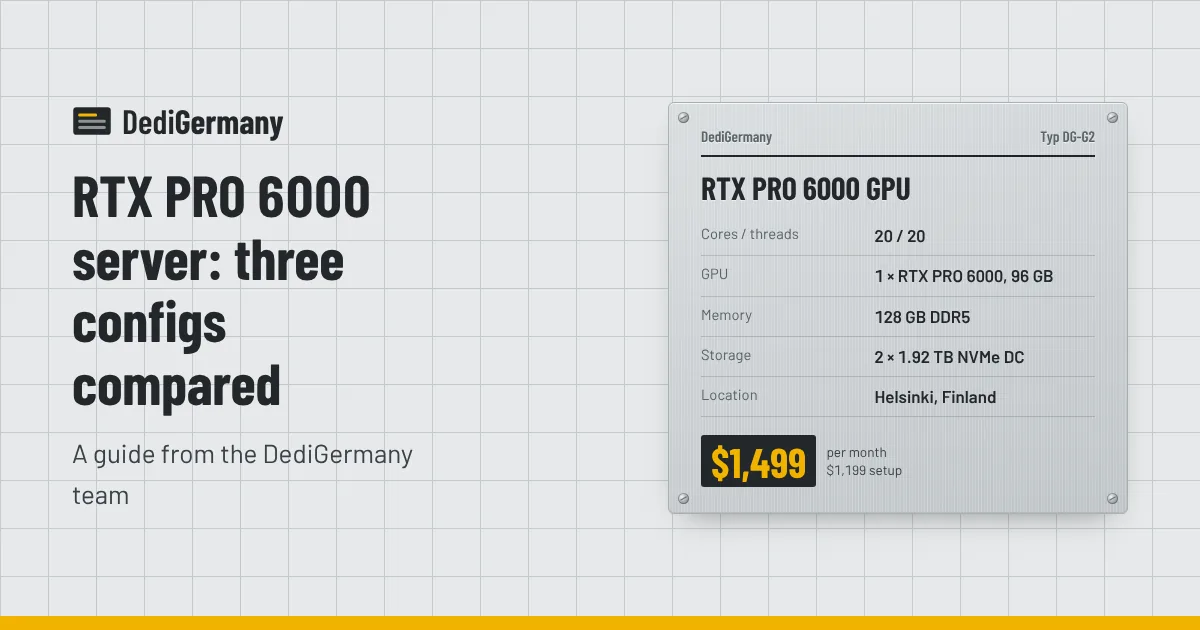 Rating plate graphic for the RTX PRO 6000 GPU server beside the title RTX PRO 6000 server: three configs compared