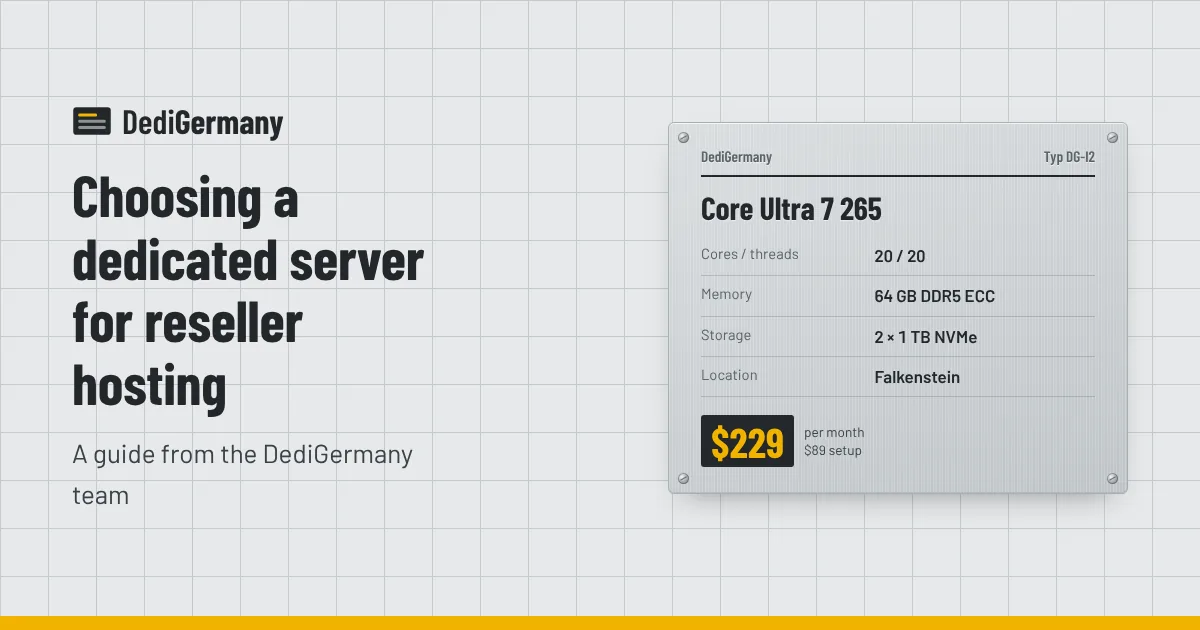 Rating plate graphic for the Core Ultra 7 265 server beside the title Choosing a dedicated server for reseller hosting