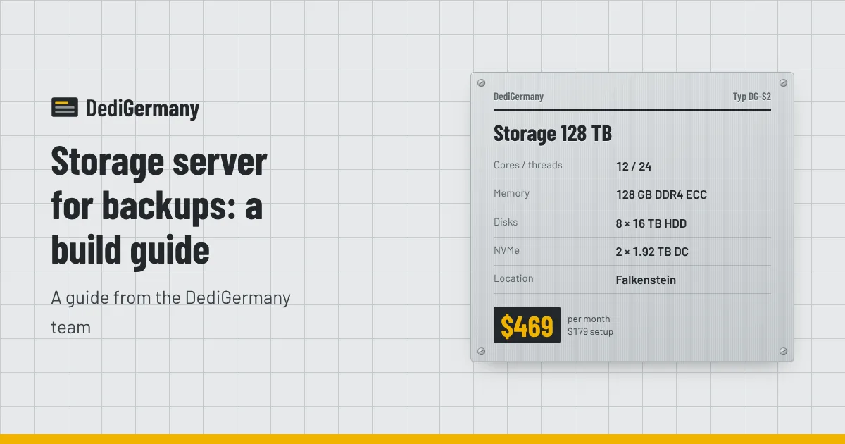 Rating plate graphic for the Storage 128 TB server beside the title Storage server for backups: a build guide