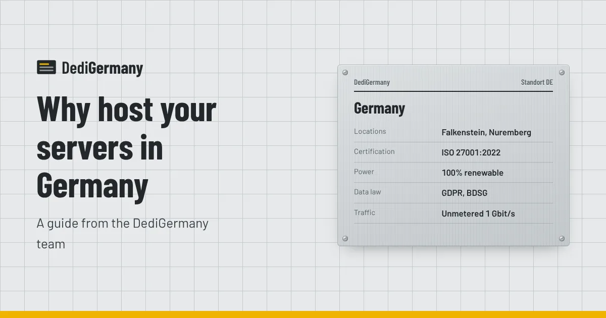 Plate listing German datacenter facts: Falkenstein and Nuremberg, ISO 27001, renewable power, GDPR