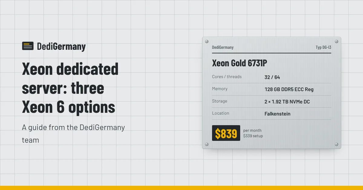 Rating plate graphic for the Xeon Gold 6731P server beside the title Xeon dedicated server: three Xeon 6 options
